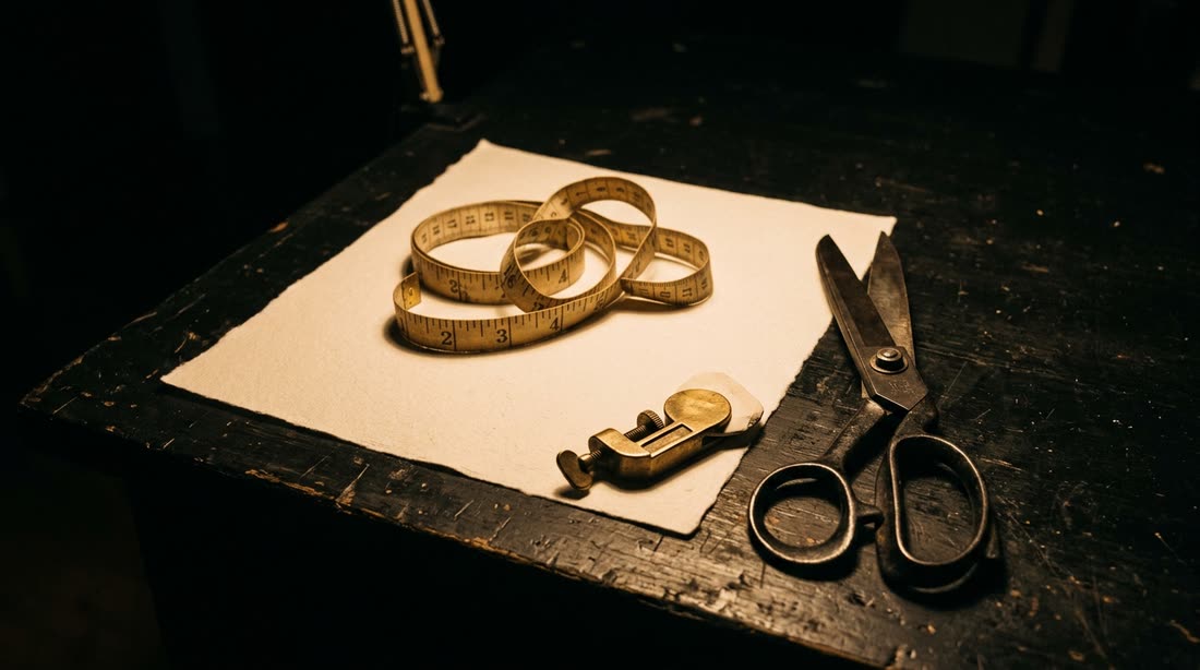 A tailor's measuring tape, chalk and scissors on bone paper