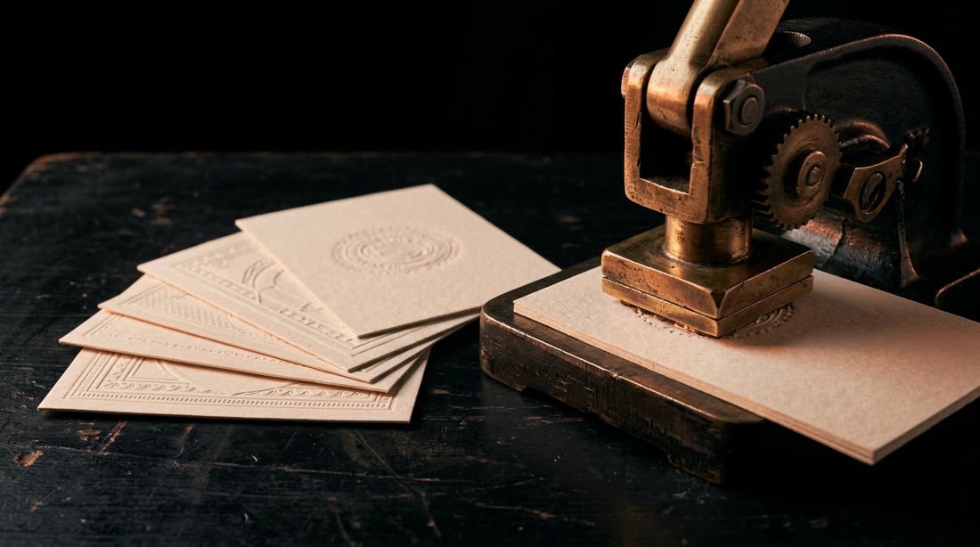 A brass embossing press stamping a bone-colored card