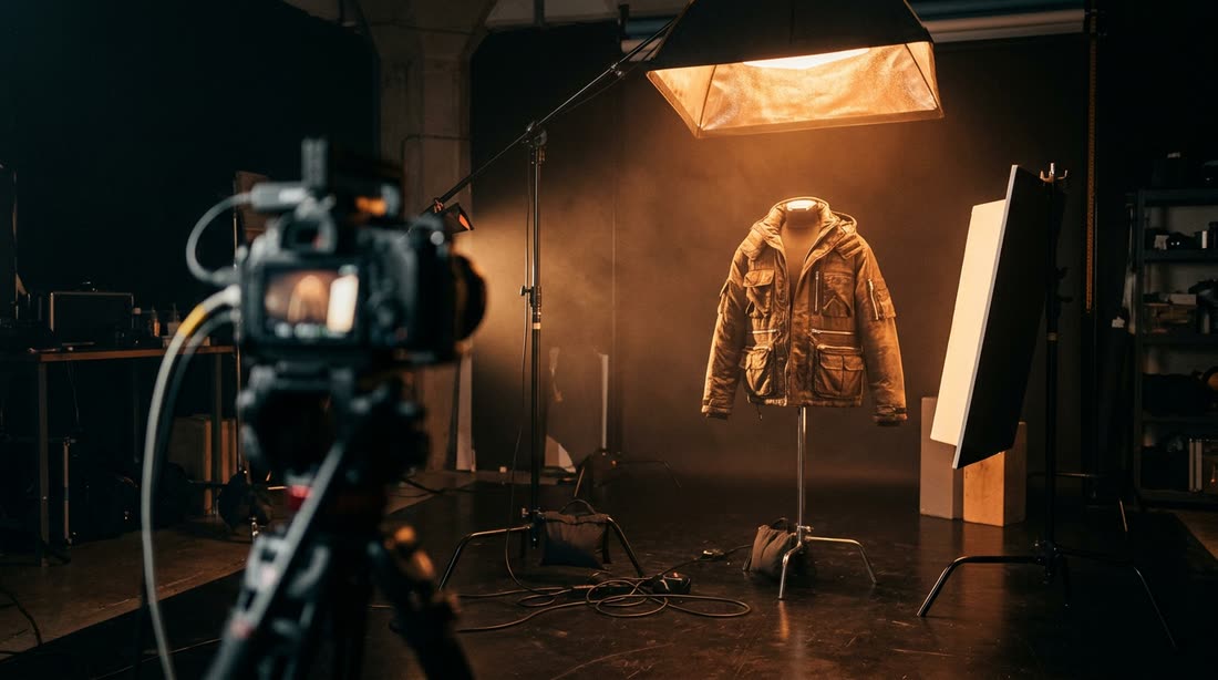 A jacket on a stand under a copper softbox, camera in the foreground