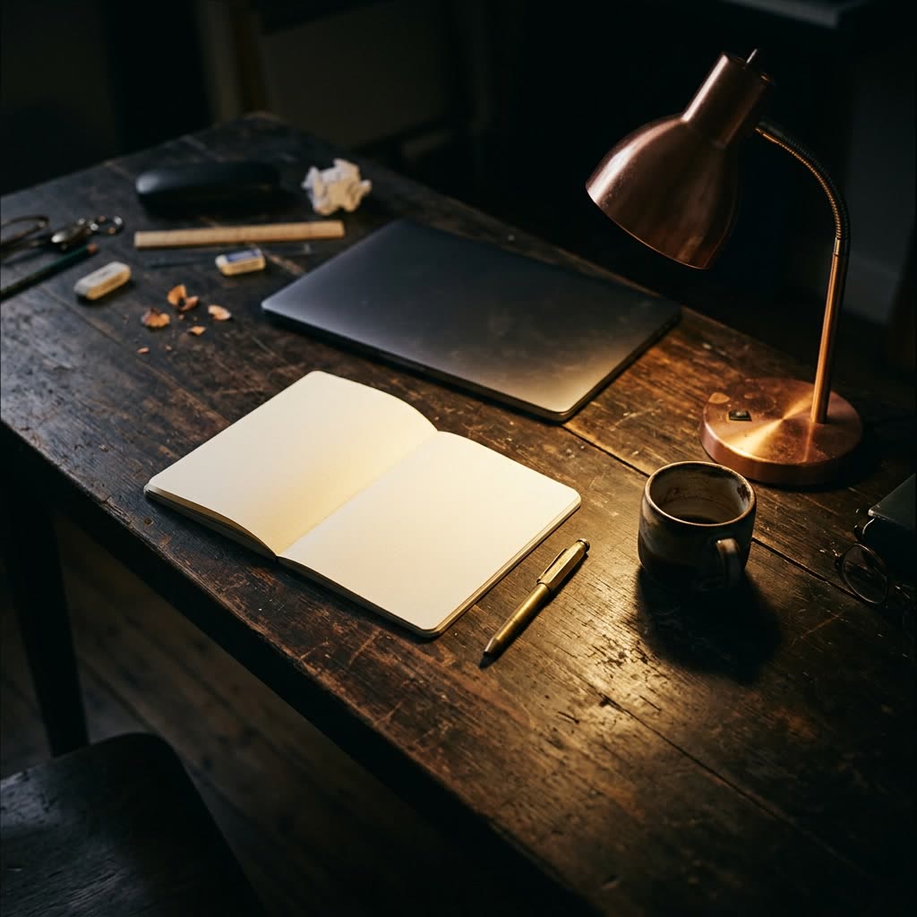 A dark wooden desk with a notebook, a brass pen, a closed laptop and a copper lamp