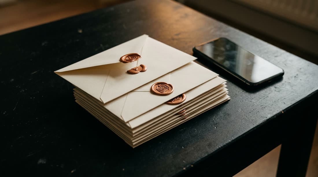 A stack of envelopes sealed in copper wax beside a phone