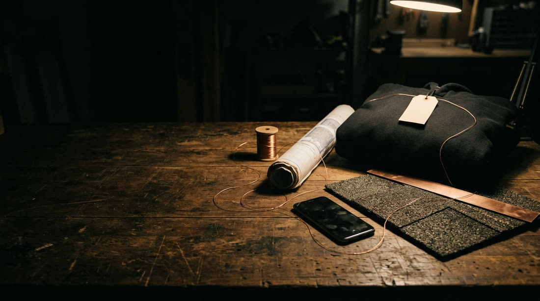 A worktable with a hoodie, a roofing shingle sample, a blueprint and a phone joined by copper thread