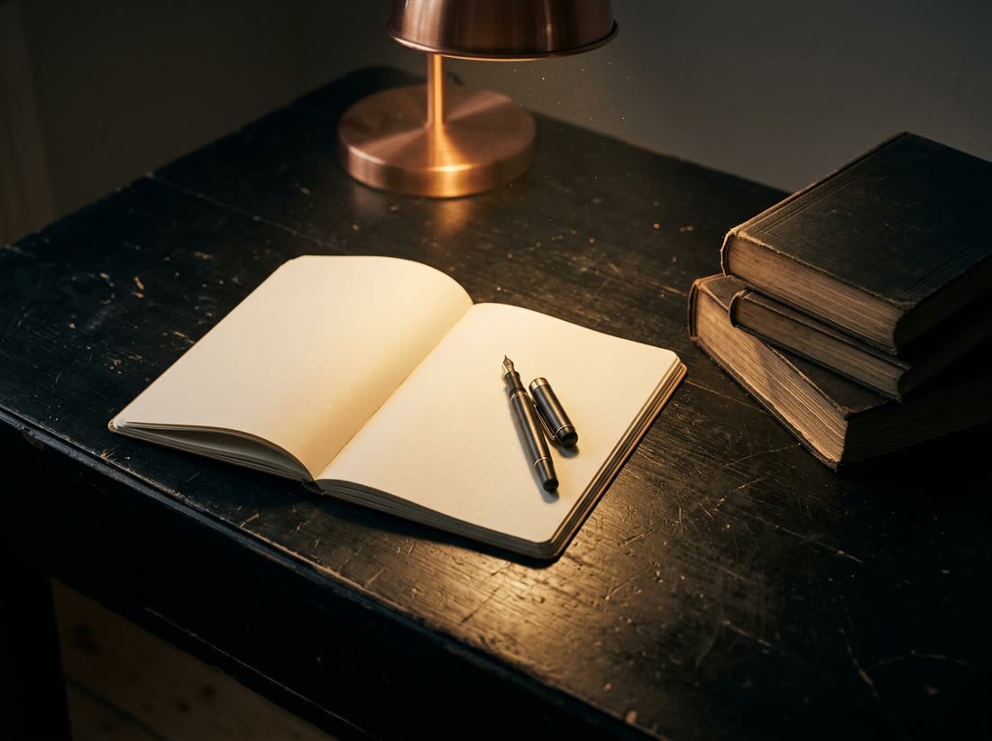 An open notebook and a fountain pen on a black desk beside a copper lamp and three closed books