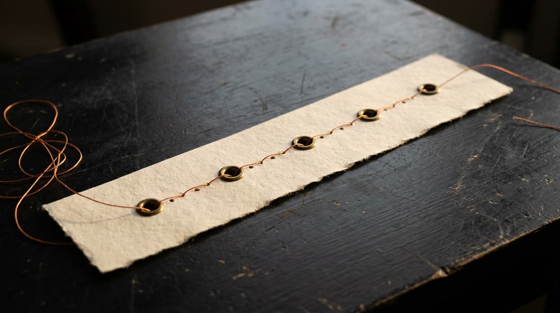 A strip of bone paper threaded with copper through five brass eyelets