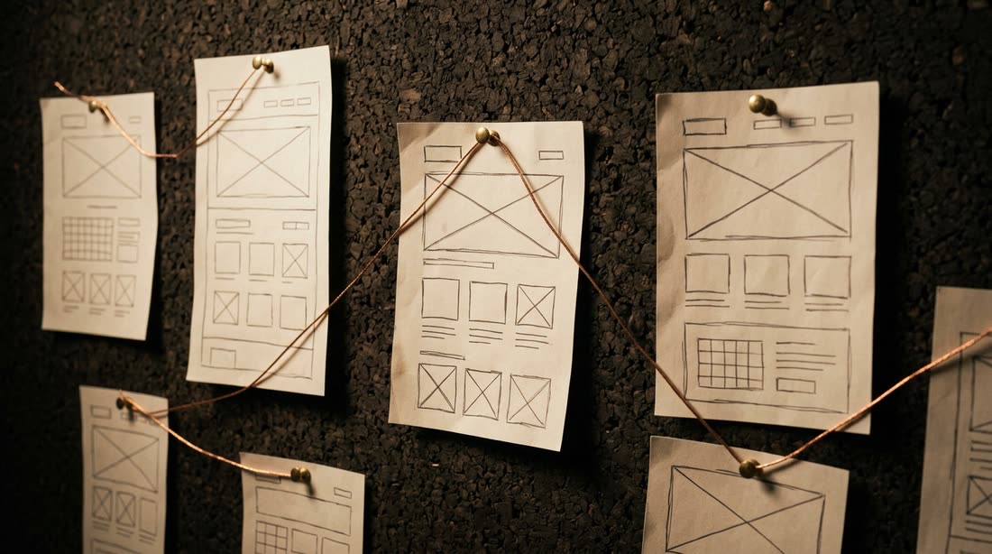 Hand-drawn page wireframes pinned to cork and joined by copper string