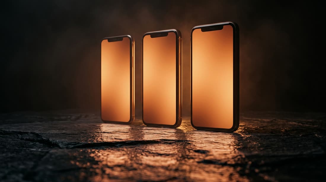 Three phones glowing copper on black stone