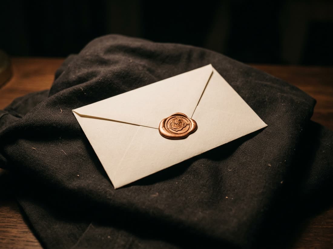 A bone envelope sealed with copper wax, resting on dark folded fabric