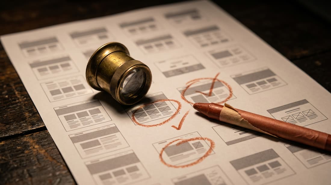 A brass loupe on a printed sheet of website layouts marked with copper circles