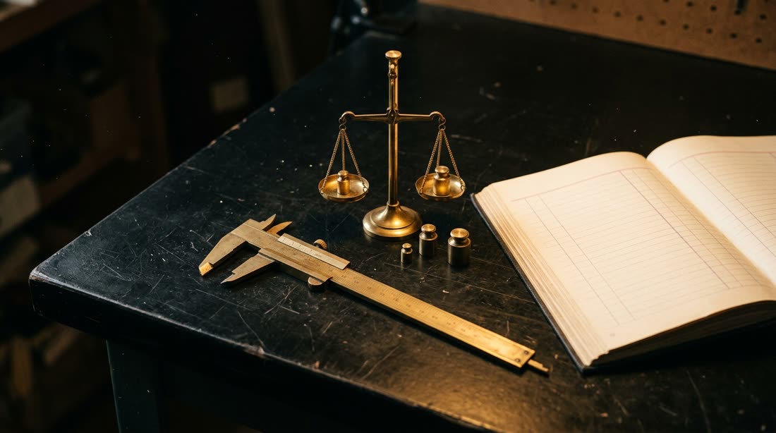 A brass caliper, a balance scale and an open ledger